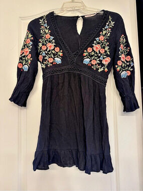 Flying Tomato Floral Embroidered Mini Dress in Black & Red